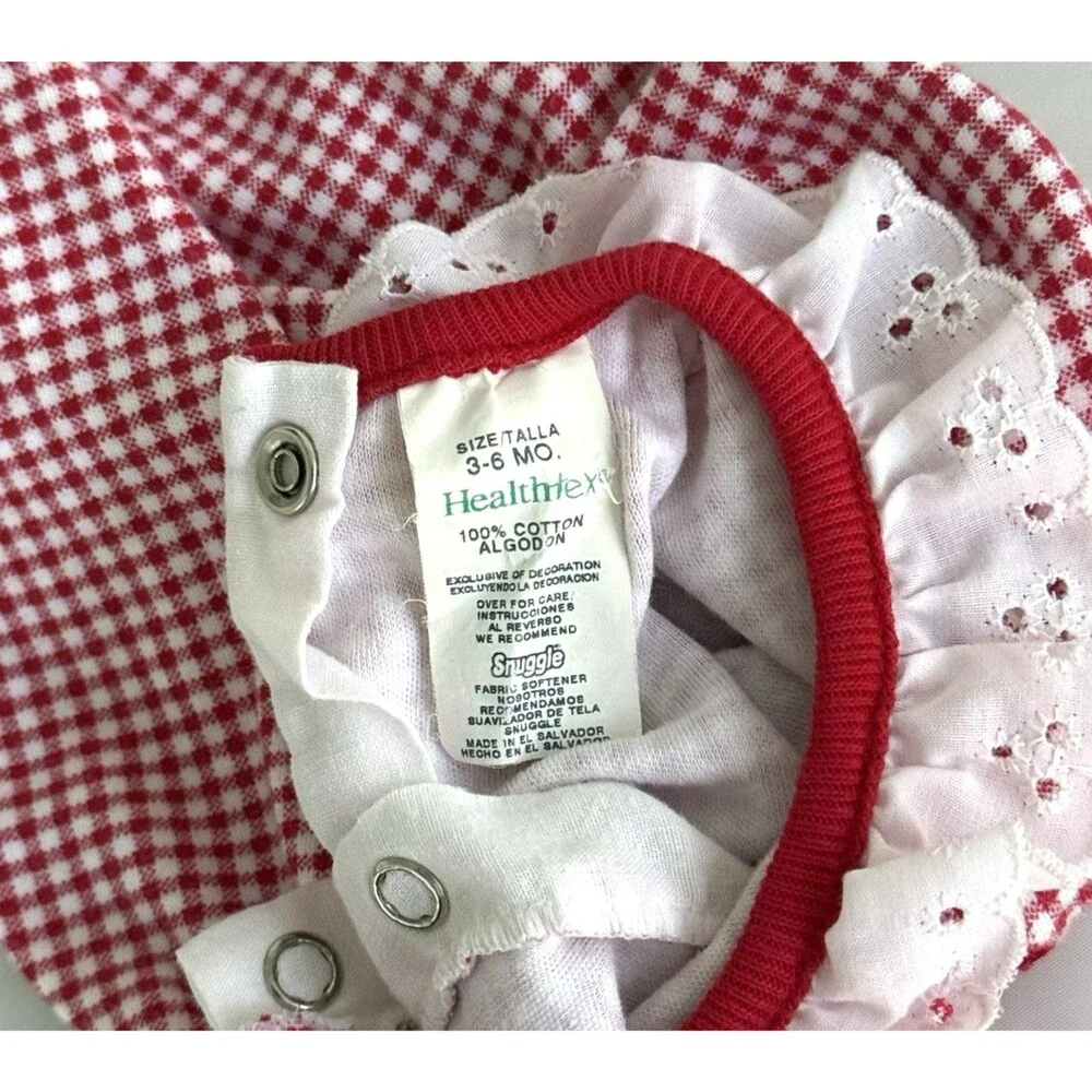 Vintage Healthtex Romper 3-6M Flower Ladybug Appliqué Red & White Gingham Cotton